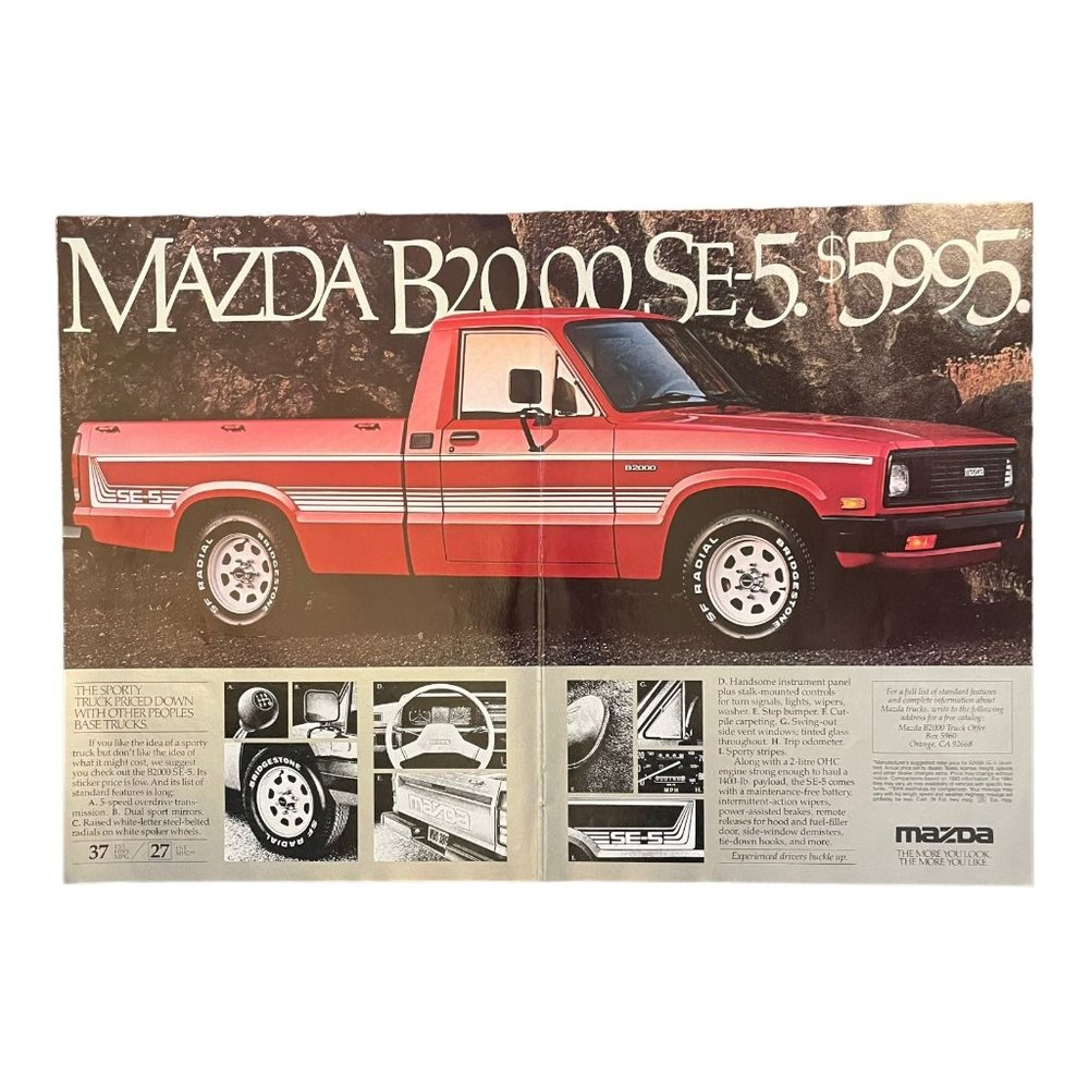 1984 Mazda B2000 SE-5 Pickup Truck Vintage Print Ad Red Sport Wall Art 16 x 11"